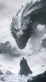 Snowbound swordsman facing the stormborn dragon’s fury.