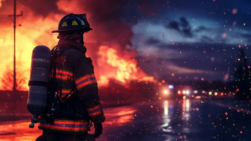 Firefighter positioned at major structural fire scene.