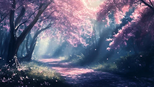 Cherry Blossom Path Through Misty Forest Canopy