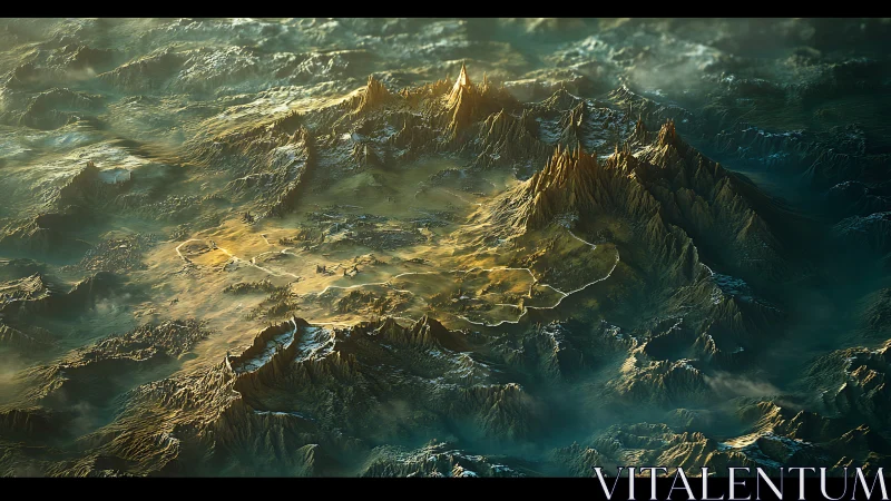 Sunlit fantasy mountains rise over a vast misty kingdom