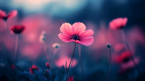 Pink Cosmos Flower in Soft Focus Field