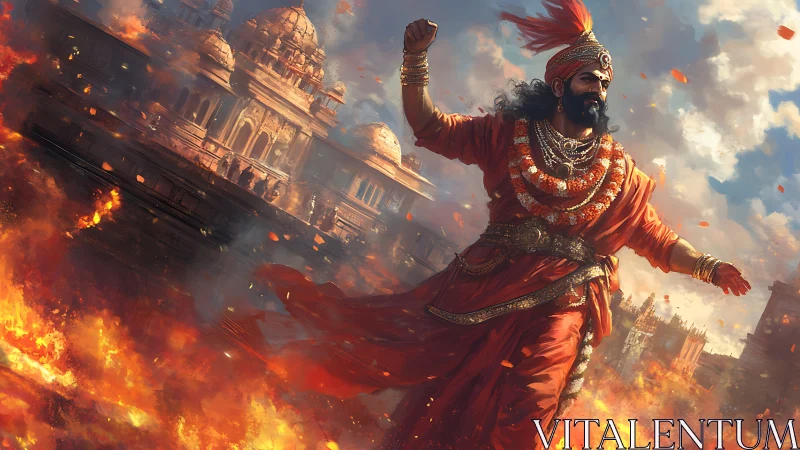 Warrior king strides through burning ancient palace city.