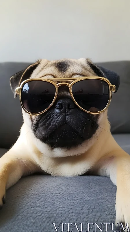 Cool pug portrait with oversized sunglasses on sofa.