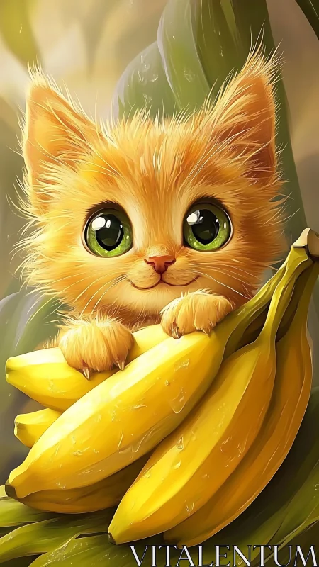 Orange Cat Holding Bananas with Luminous Green Eyes