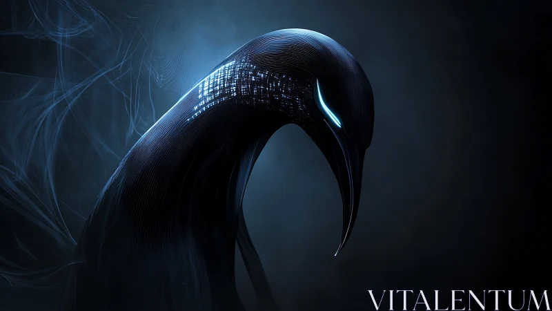 Cybernetic bird silhouette with glowing neon eyes.