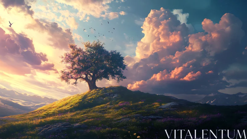 Solitary hillside tree under expansive sunset clouds.