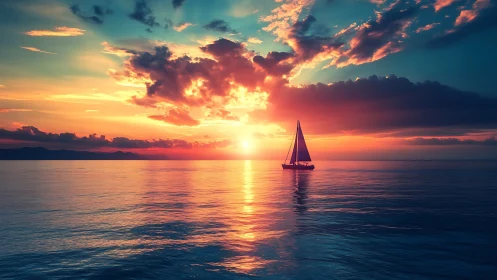 Solitary sailboat crossing calm sea at vivid sunset