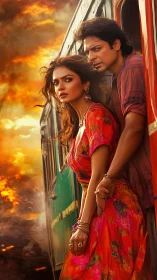 Couple standing on moving train against dramatic sunset sky.