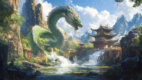 Green dragon over waterfall temple in mountain valley.