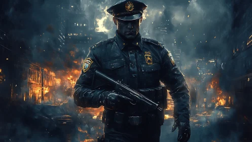 Armed city police officer advances through burning streets at night