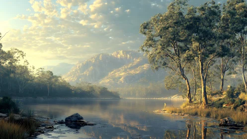 Sunlit mountain lake reflects eucalyptus forest edge