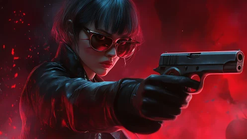 Female shooter in leather jacket aiming handgun in red light