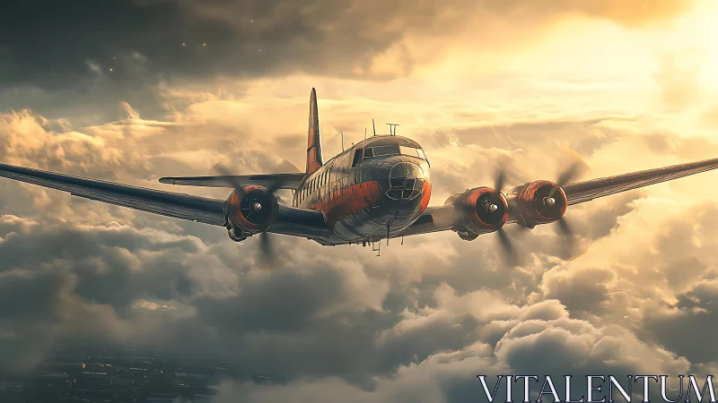 Vintage four‑engine airliner cuts through glowing storm clouds.