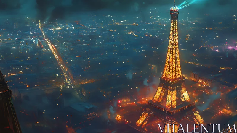 Luminous Eiffel Tower above neon-soaked Parisian nightscape.