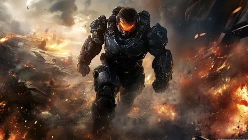 Armored super soldier charges through burning warzone