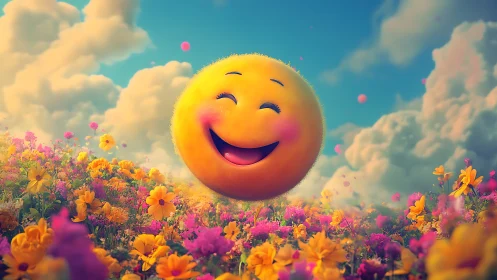 Smiling emoji sun floats over radiant blooming meadow.