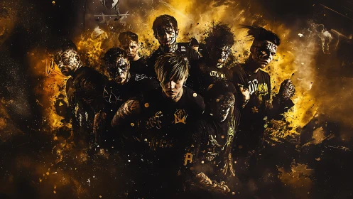 Metal band group portrait in fiery abstract splatter style.