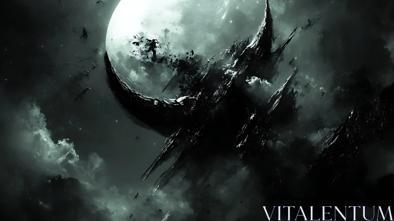 Monochrome celestial scene with fractured dark structures