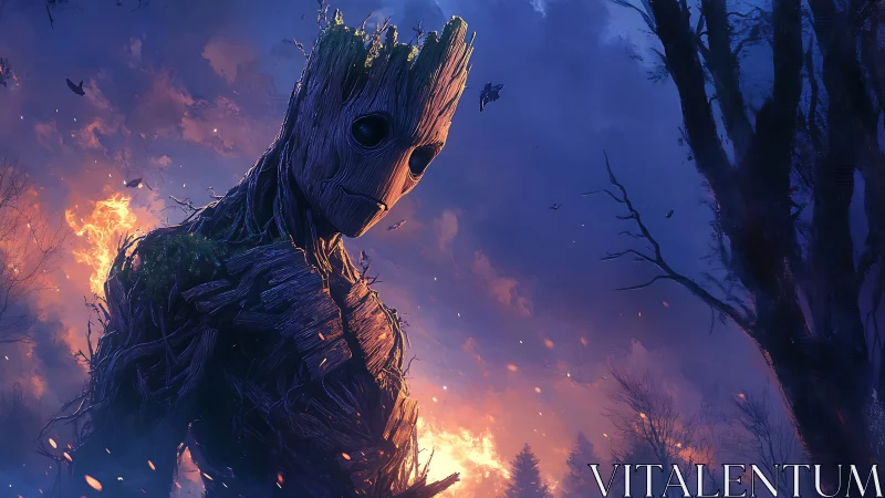Wooden forest guardian stands against burning twilight sky