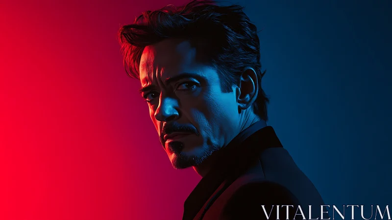 Brooding neon portrait split by red and blue tension.