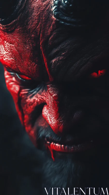 Close frontal view shows red horned humanoid face in shadow