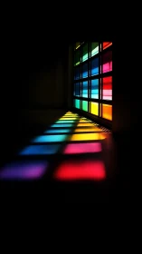 Colored glass grid window casting spectral floor light.