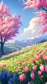 Spring hillside wildflower meadow with distant snow mountains.