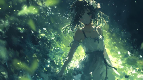 Forest-lit girl in white dress amid luminous green bokeh.