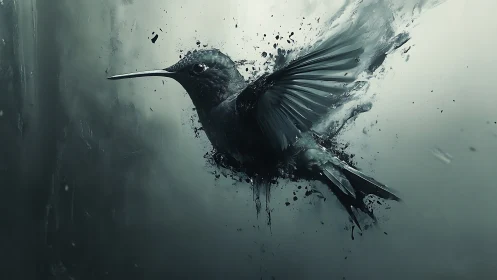 Hummingbird in monochrome motion with splintered paint effects.