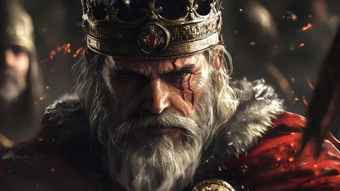 Battle-scarred medieval king glares through embers and gloom