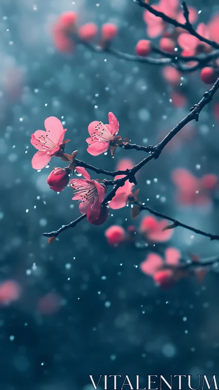 Pink blossoms suspended in crystalline snowfall with atmospheric depth.