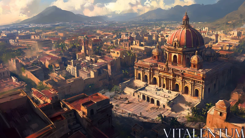 Sunlit hillside city embracing a grand domed cathedral.