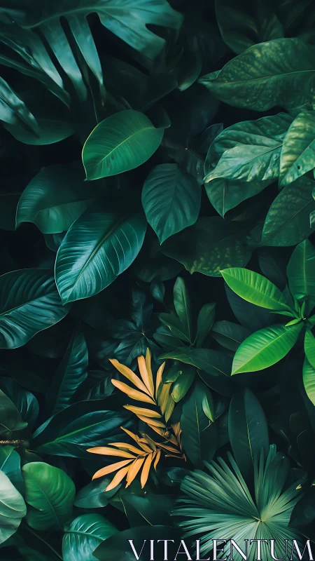 Tropical foliage pattern with vivid green and golden leaves.