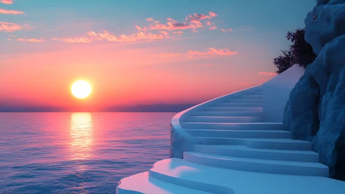 Sunlit ocean horizon with white cliffside staircase at dusk.