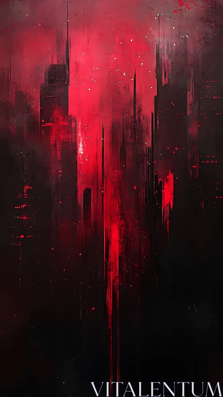 Crimson city skyline dissolves into abstract vertical void