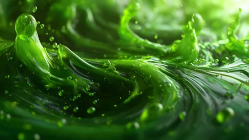 Vivid green liquid splashes in dynamic abstract digital art style.