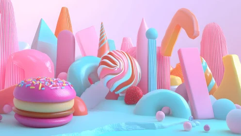 Whimsical Candy Landscape in Pastel 3D Illustration Style.