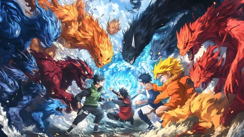 Elemental shinobi collide amid roaring chakra beasts.