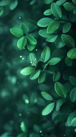 Lush green leaves glow softly in dreamy forest light