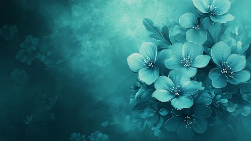 Digital rendering of translucent cyan floral clusters with volumetric atmospheric depth