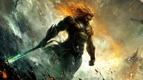 Storm-swept sea warrior strides through crashing waves.