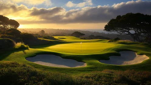 Sunset golf green with sand bunkers and coastal horizon.