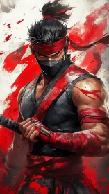 Scarlet-blade ninja poised in storm of battle paint fury.