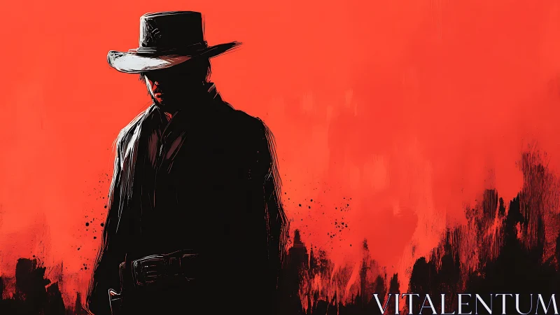 Silhouetted cowboy stands against flat red painted backdrop