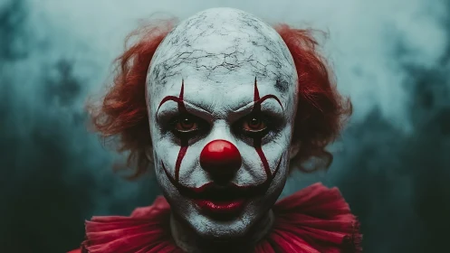 Sinister clown portrait under cold cinematic lighting.