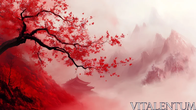 Crimson maple over misted mountains and distant temple.