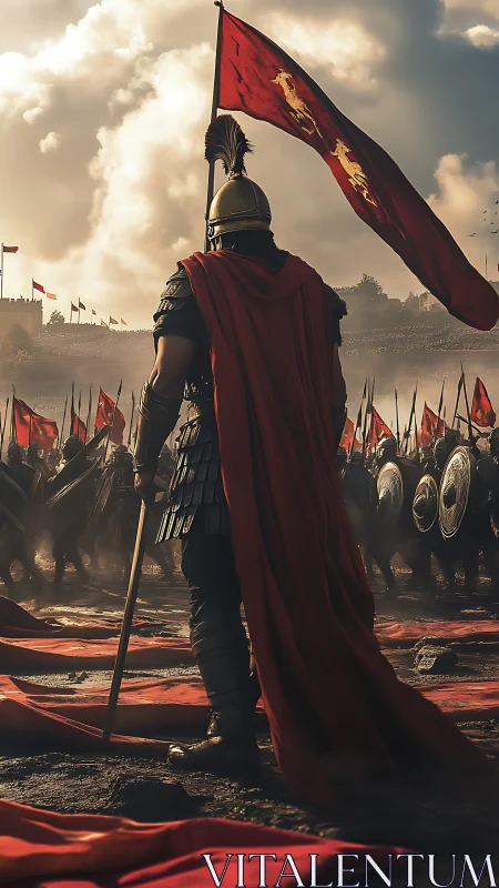 Roman commander surveys battlefield beneath crimson war banners.