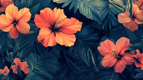 Red hibiscus flowers with tropical foliage arrangement.