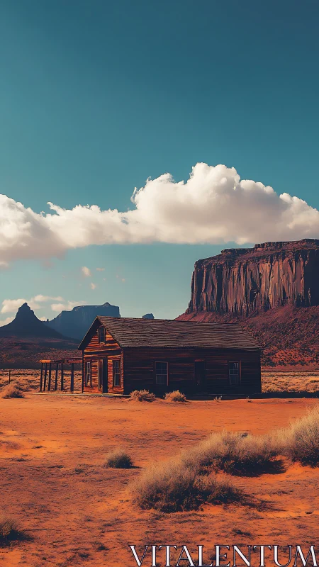 Isolated wooden cabin stands in arid desert valley landscape
