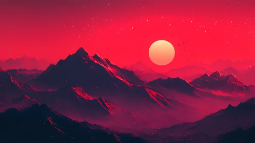 Neon crimson mountain ranges under a synthetic solar disc